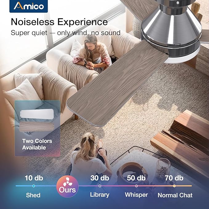 Amico Ceiling Fans with Lights, 42 inch Low Profile Ceiling Fan with Light and Remote Control, Flush Mount, Reversible, 3CCT, Dimmable, Noiseless, Nickel Ceiling Fan for Bedroom, Indoor/Outdoor Use