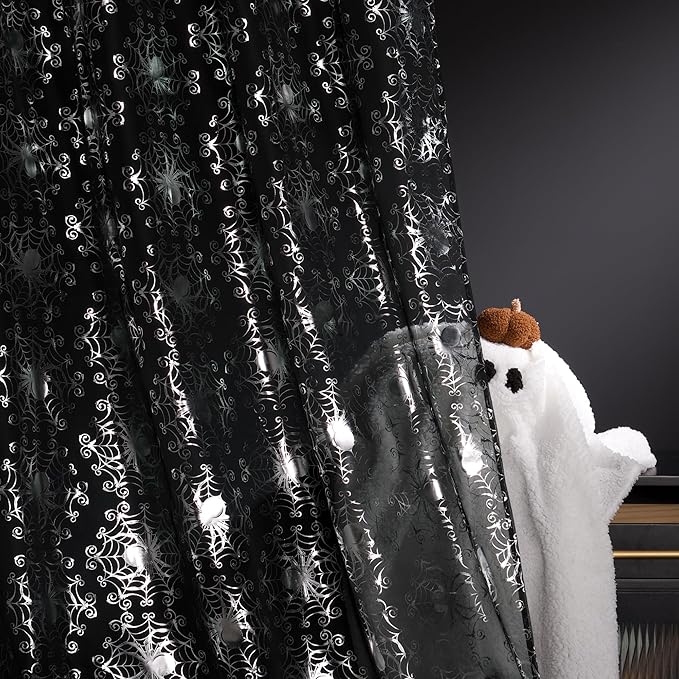 NICETOWN Black Sheer Halloween Curtains with Silver Spider Foil Print, Grommet Flowing Voile Sheer Window Treatment for Gothic Bedroom, W54 x L84, 2 Panels