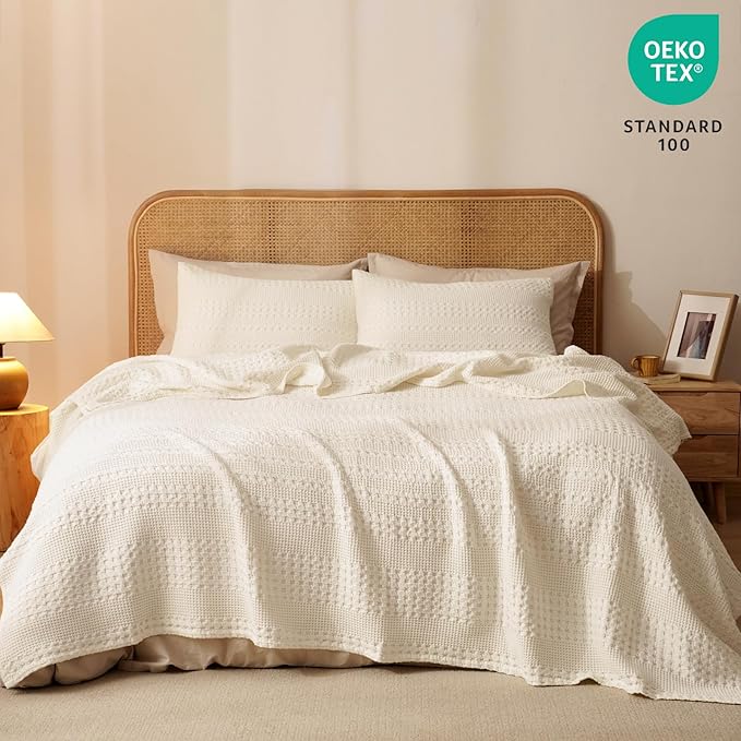 PHF 100% Cotton Waffle Weave Blanket Twin Size for Bed, Soft Lightweight & Breathable, All-Season Comfort, Luxury Aesthetic Woven Bedding for Home Decor, 66"x90", Natural