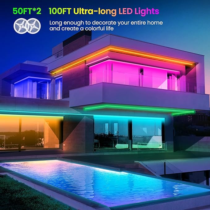 GUPUP LED Lights Strip 100 FT, LED Lights for Bedroom 100ft, RGB Rope Light for Room, Bluetooth APP Control,Color Changing Strip, Sync with Music,para Cuarto, for Bedroom Home Party Decoration