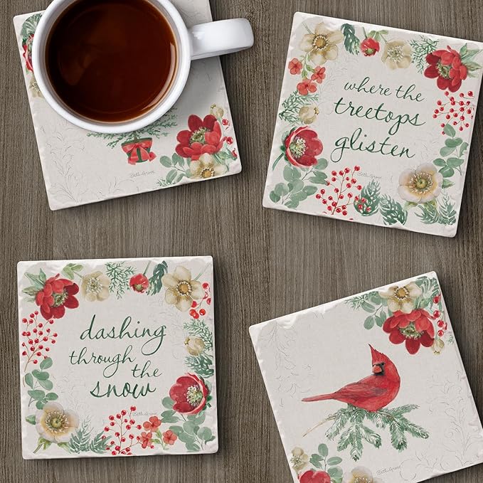 Thirstystone Holiday Traditions 4 Pack Assorted Tumbled Tile Stone Coasters with Protective Cork Backing 4" Square Manufactured in The USA