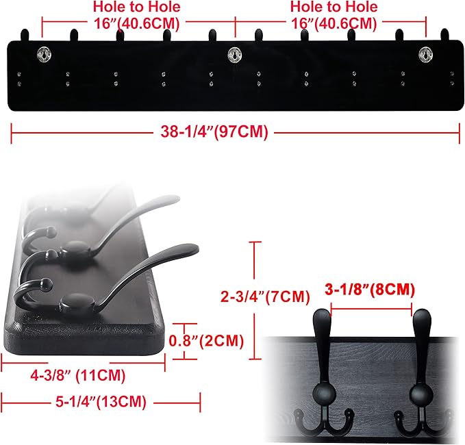 Dseap Coat Rack Wall - Heavy-Duty 38-1/4" Long, with Reinforced 10 Custom Tri-Hooks, Solid Wood Wall Hanger for Coats Hat Jackets - Rustic Farmhouse Entryway Storage, Black, Pack of 2