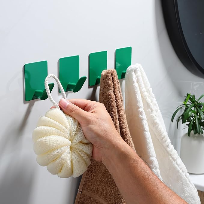 DELITON 4 Pack Colorful Hanging Hooks - Adhesive Green Cute Kids Wall Hooks for Hanging Towels, Robe, Coat, Decor Bathroom Organizer
