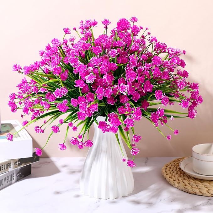 Hoteam 40 Bundles Outdoor Artificial Flowers Plants UV Resistant Outside Faux Flowers Plastic Fake Plants Outdoor Summer Fall Four Seasons Decoration Shrubs Garden Porch, Purple Red