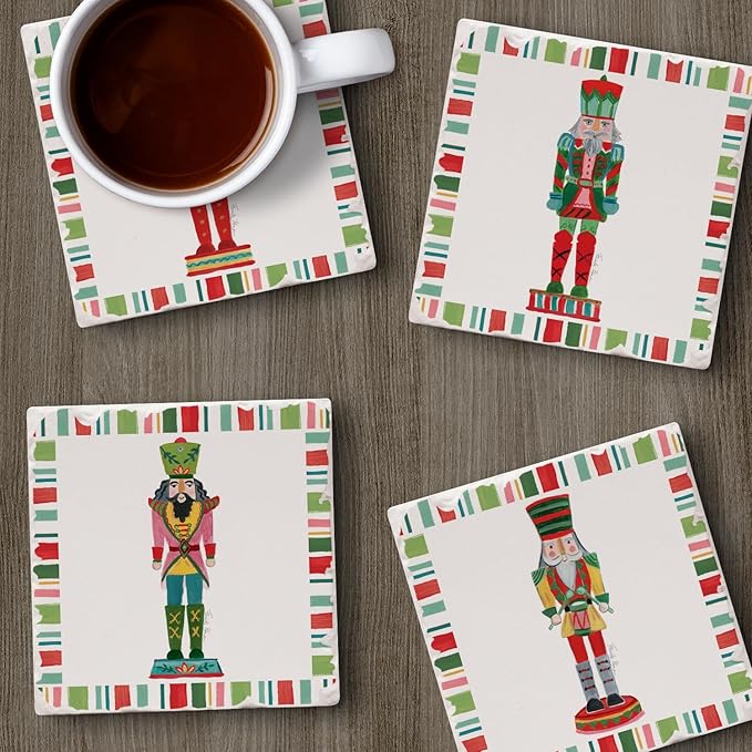 Thirstystone Holiday Nutcrackers 4 Pack Assorted Tumbled Tile Stone Coasters with Protective Cork Backing 4" Square Manufactured in The USA