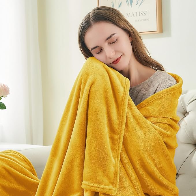 BEDELITE Fleece Blankets Queen Size Yellow Throw Blankets for Bed, Luxury Plush Cozy Fuzzy Blanket 90x90 inches, Super Soft Warm Lightweight Throw Blanket All Seasons Suitable