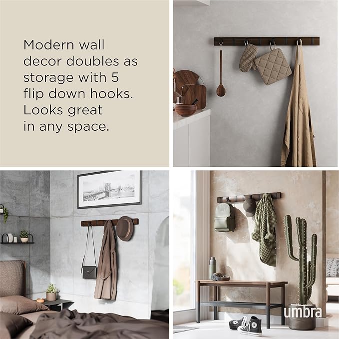 Umbra - Flip Wall-Mounted Coat Rack Rail Hook for Hats, Jackets, Bags and More, Wood, Metal, Black/Walnut