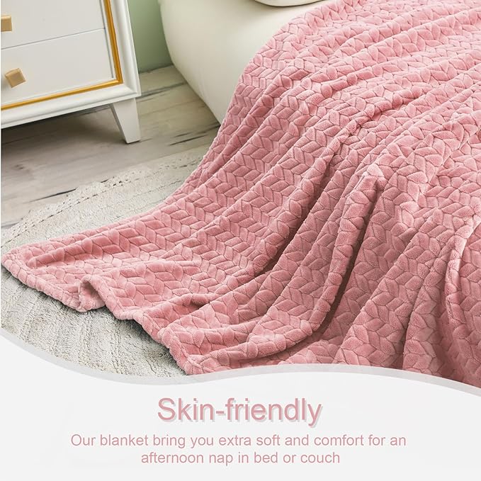 Exclusivo Mezcla Fleece Throw Blanket for Couch, 50x70 Inches Soft Cozy Jacquard Flannel Blankets, Lightweight Fuzzy Plush Warm Throws for Winter, Pink
