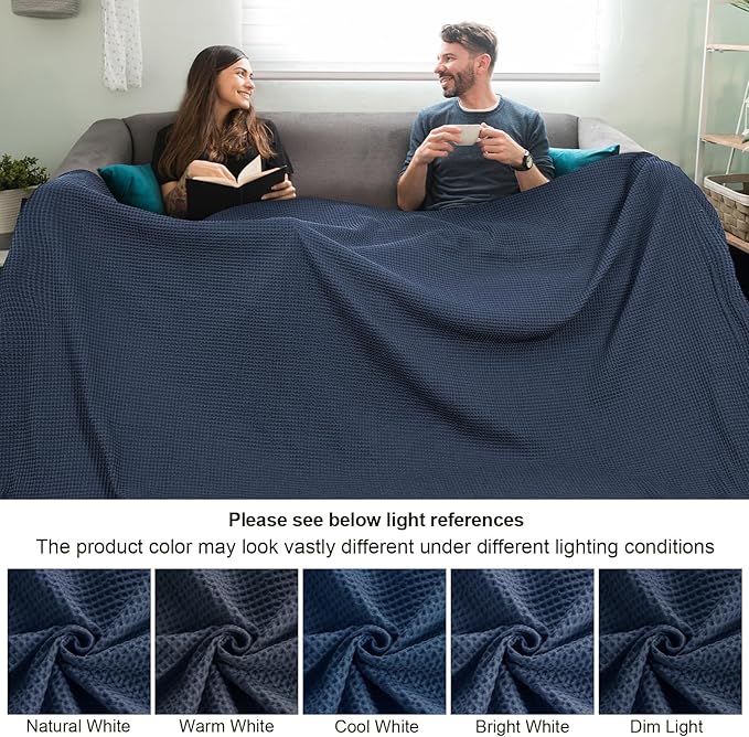 PHF Pre-Washed Cotton Waffle Weave Family Blanket,Oversized King Size 120"x 120"-Snag Proof Lightweight Breathable, 10'x 10' Huge Extra Large Big-Elegant Aesthetic Home Decoration Gift,Dark Navy