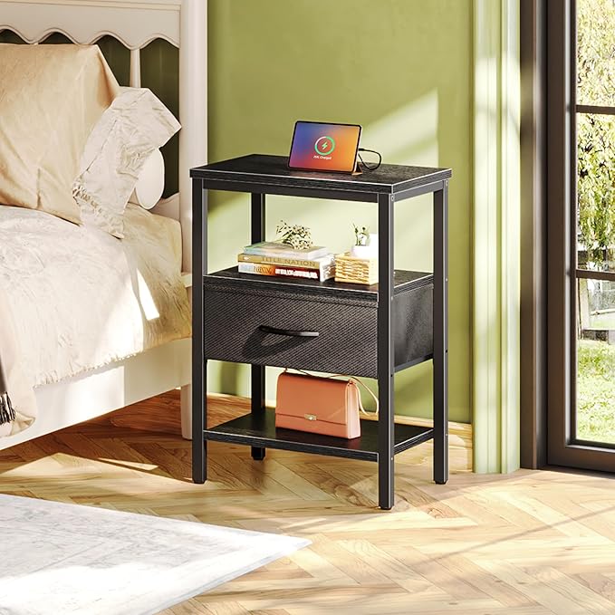 SUPERJARE Nightstand with Charging Station, Bed Side Table with Adjustable Fabric Drawer, Night Stand for Bedroom, 3-Tier Storage End Table, for Living Room, Black