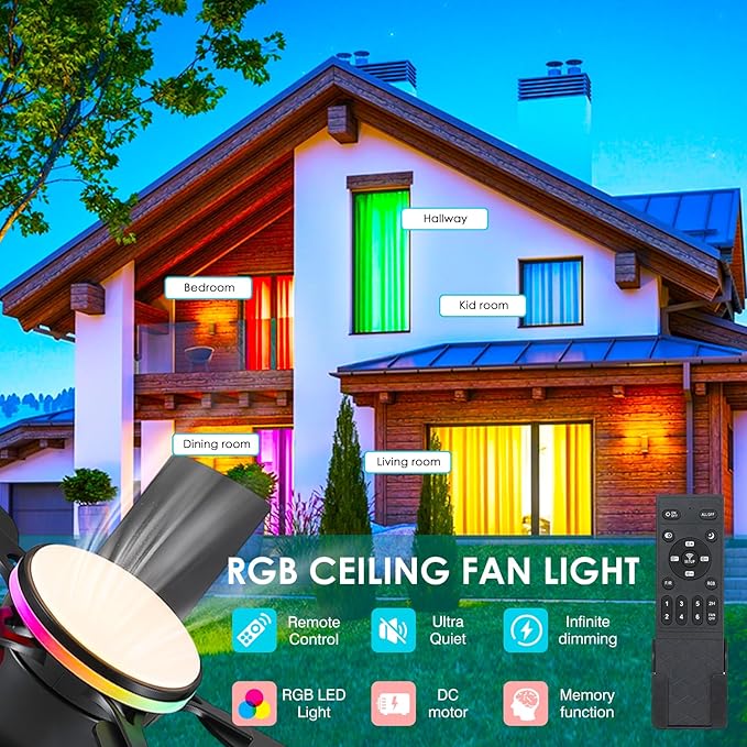 Ceiling Fans with Lights- 52" RGB Low Profile Indoor Ceiling Fan with Light and Remote/APP Control, Flush Mount, LED Dimmable DC Reversible Modern Ceiling Fan for Bedroom（Black）