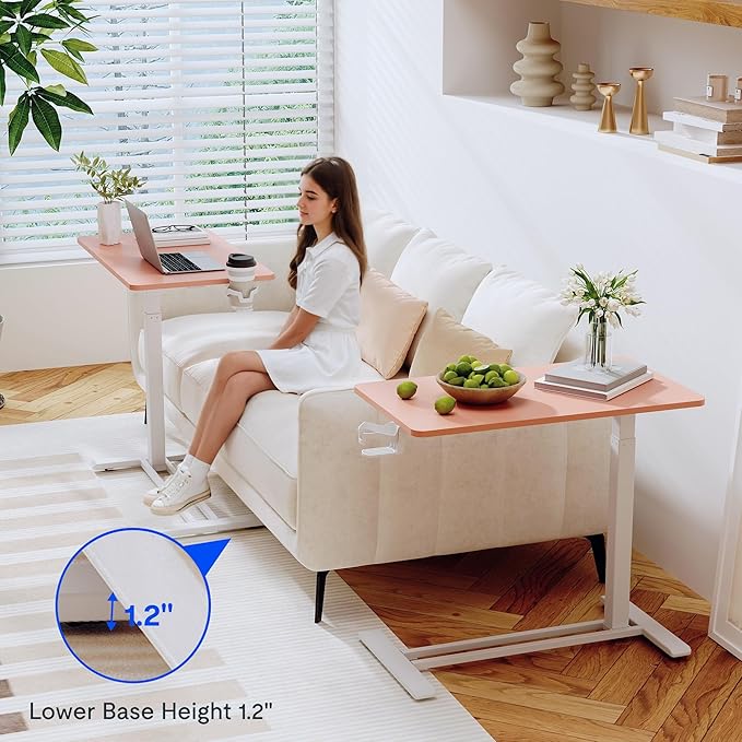 FLEXISPOT H7 Adjustable Overbed Bedside Table with Wheels Pneumatic Mobile Standing Desk Laptop Desk Rolling Computer Cart Movable Overbed Table Hospital Home Use(27.6" W x 15.7" D, Pink)