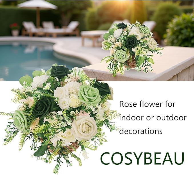 Artificial Fake Flowers 25pcs Roses, Shade of Light Green Foam Rose Faux Flower for DIY Wedding Bouquets Bridal Shower Centerpieces Floral Arrangements Party Tables Home Decorations
