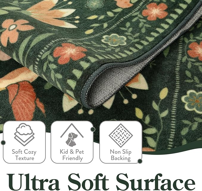 Moynesa Boho Bird 6x9 Area Rugs, Washable Ultra-Thin Dark Green Rugs for Living Room, Soft, Low Pile, Indoor Boho Large Throw Carpet for Bedroom Dining Room Under Table Office Playroom