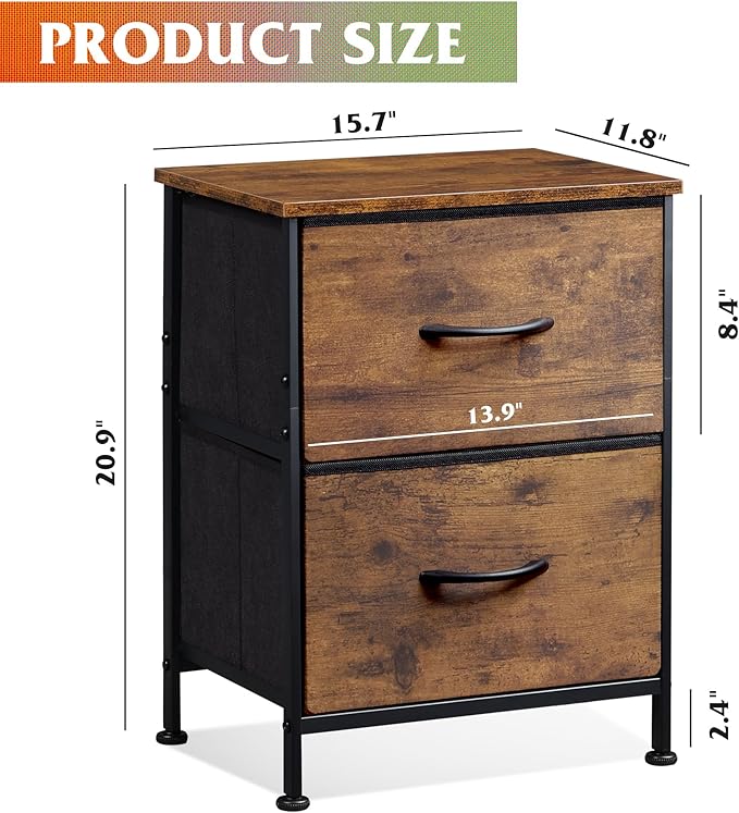 WLIVE Nightstand Set of 2, 2 Drawer Dresser for Bedroom, Small Dresser with 2 Drawers, Bedside Furniture, Night Stand, End Table for Bedroom, College Dorm, Rustic Brown Wood Grain Print