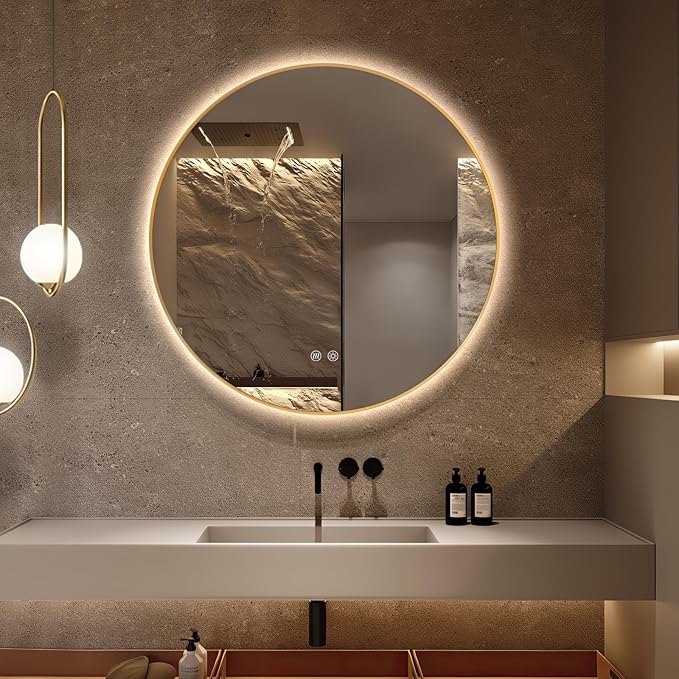 Niccy Round Led Mirror for Bathroom, 36" Backlit Mirror for Wall Circle Lighted Mirror with Gold Frame Anti-Fog, 3 Colors, HD Glass and IP65 Waterproof