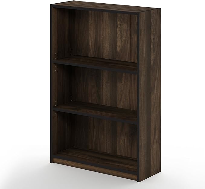 Furinno JAYA Book Shelf, 3-Tier Bookshelf, Bookcase with Adjustable Shelves, 9.5 x 24.5 x 40.3, for Living Room, Bedroom, Home Office, Columbia Walnut