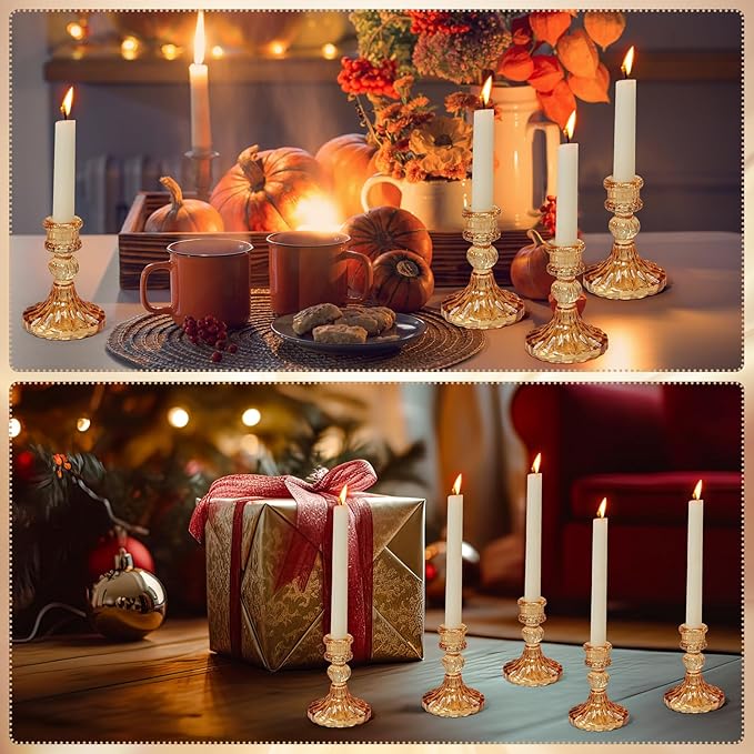 Suclain 24 Pcs Glass Taper Candle Holder Sets 12 Candlestick Holder with 12 White Long Candles for Wedding Party Decor Dinner Decoration(Amber)