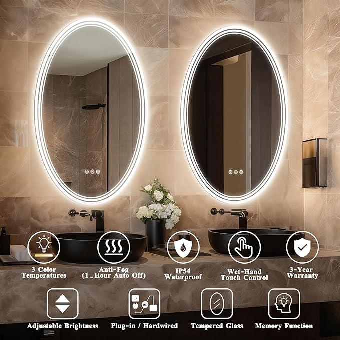 24''x36'' Oval Lighted Mirrors for Bathroom Wall Backlit + Front Lit, Oval LED Bathroom Mirror Frameless with Lights Anti Fog, Dimmable, 3 Colors,Tempered Glass, Shatter-Proof
