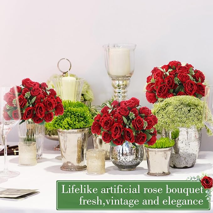 Zeyune 16 Bunches 12 Inch Artificial Mini Rose Bouquet 160 Heads Bridal Flower Bouquets Fake Silk Rose Bulk for Wedding Bridal Shower Christmas Home Office Garden Decoration(Red)