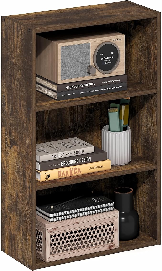 Furinno Basic Book Shelf, 3-Tier Bookshelf, Cube Storage Organizer Bookcase with Open Shelf, 7 x 17 x 26, for Living Room, Bedroom, Home Office, Amber Pine