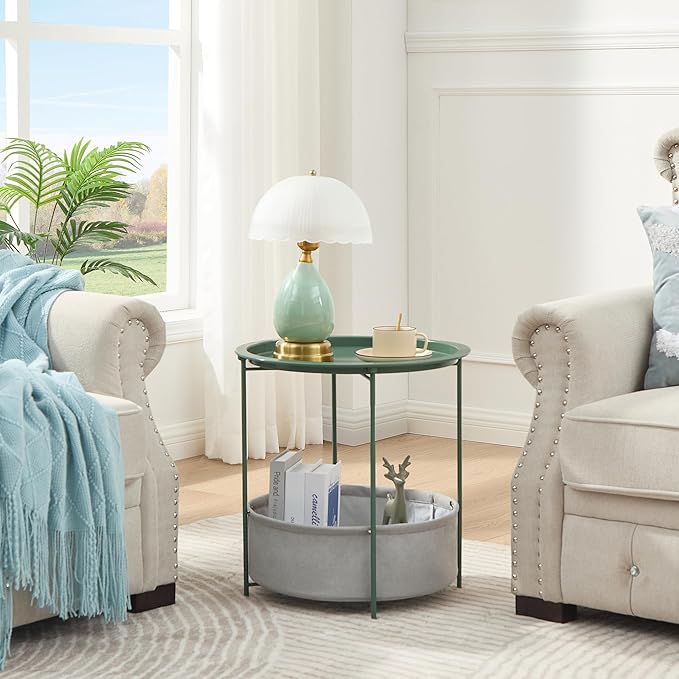 VECELO Round Side/End Table with Fabric Storage Basket，Metal Anti-Rust and Waterproof Small Bedside Nightstand with Removable Tray Top for Living Room，Balcony & Laundry，Dark Green /2pcs with Basket
