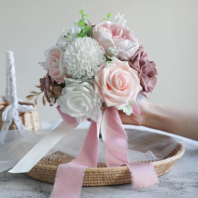 ponatia Dusty RoseWedding Bouquets for Bride Bridesmaid, Blush Pink Wedding Artificial Roses Flowers for Wedding Bouquets Ceremony, Anniversary (Dusty Rose & Blush)