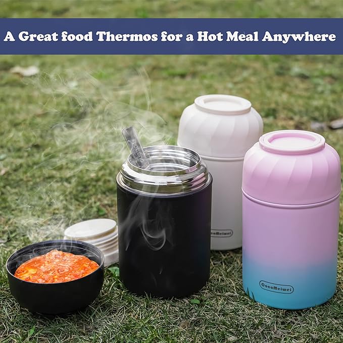 Soup Thermo for Hot Food & Drinks, Thermo Lunch Box for Kids, 17oz Vacuum Insulated Food Container with Spoon&&Drawstring Bag, Soup Therm for Adults,Black&White