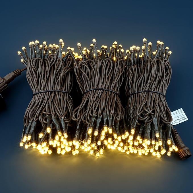YULETIME 100 ft 300 Count Warm White LED String Lights with 8 Models Adapter, Brown Wire Wide Angle 5mm Christmas Lights (Warm White - Brown Wire)