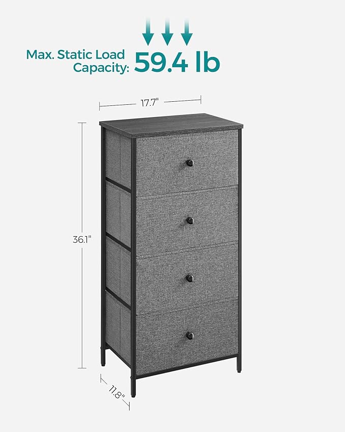 SONGMICS Dresser for Bedroom, Fabric Dresser with 4 Drawers, Metal Frame, Small Chest of Drawers, Gray and Black with Wood Grain ULTS314G22
