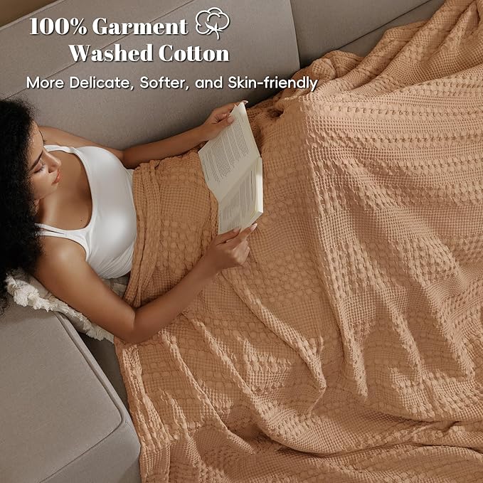 PHF 100% Cotton Waffle Weave Blanket Queen Size for Bed, Soft Lightweight & Breathable, All-Season Comfort, Luxury Aesthetic Woven Bedding for Home Decor, 90"x90", Clay