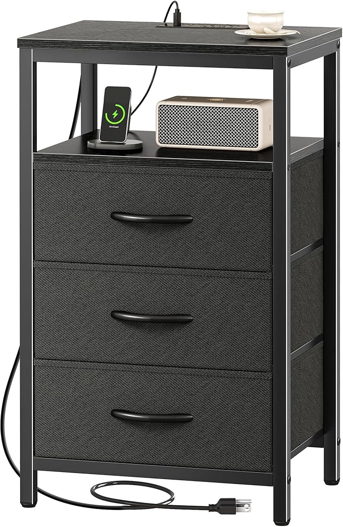 Huuger Nightstand with Charging Station, 27.6 Inch Side Table with Fabric Drawers, End Table Bedside Table with USB Ports and Outlets, Night Stand for Bedroom, Black