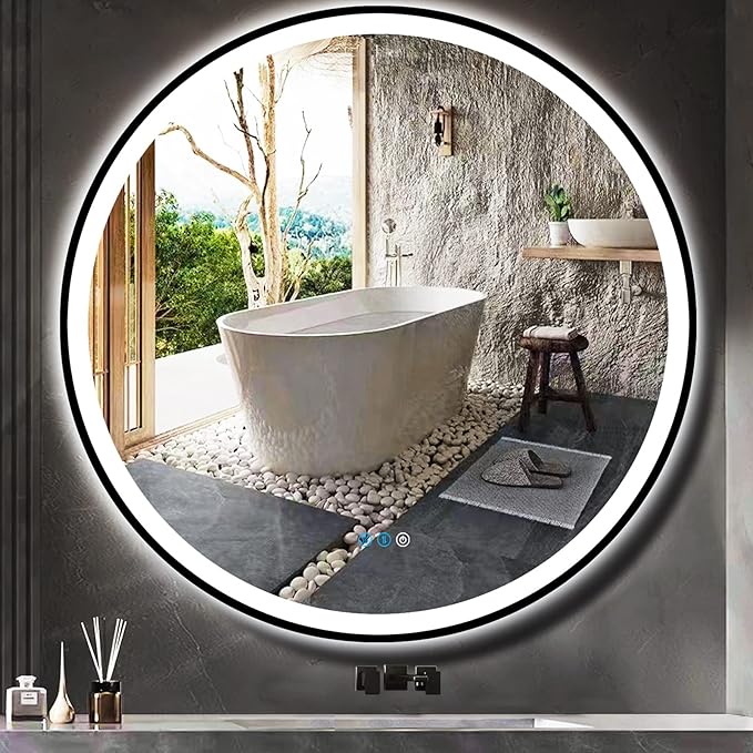 40" LED Mirror, Wall Mount, Round, Black Frame, 3 Color Lights, Anti-Fog, Adjustable Brightness, Modern Home Decor