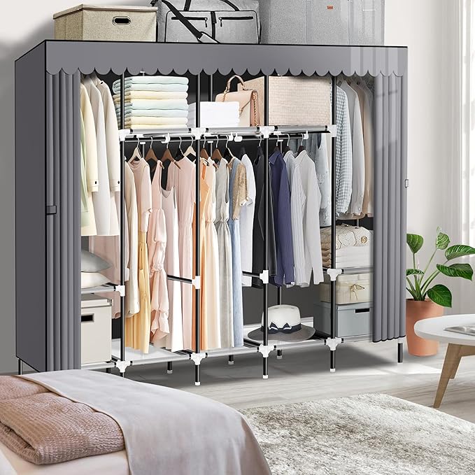 LOKEME Portable Closet, Great Size 82-Inch Portable Wardrobe with 5 Hanging Areas and 10 Storage Shelves for Hanging Clothes, Extra Sturdy 25mm Steel Tube and Easy to Assemble, Grey