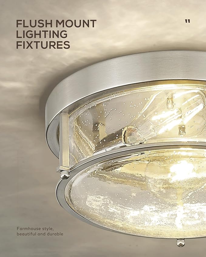 FEMILA Brushed Nickel Flush Mount Ceiling Light, 12" Bedroom Ceiling Light, Seeded Glass, E26 Base, 4FTJ22-F BN