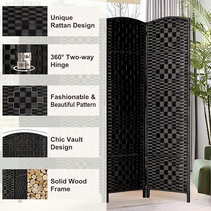 Rose Home Fashion 6 ft Tall Room Divider, Room Dividers and Folding Privacy Screens, 15.7in Privacy Screen 4 Panel Partition Temporary Wall Separation for Private, Black