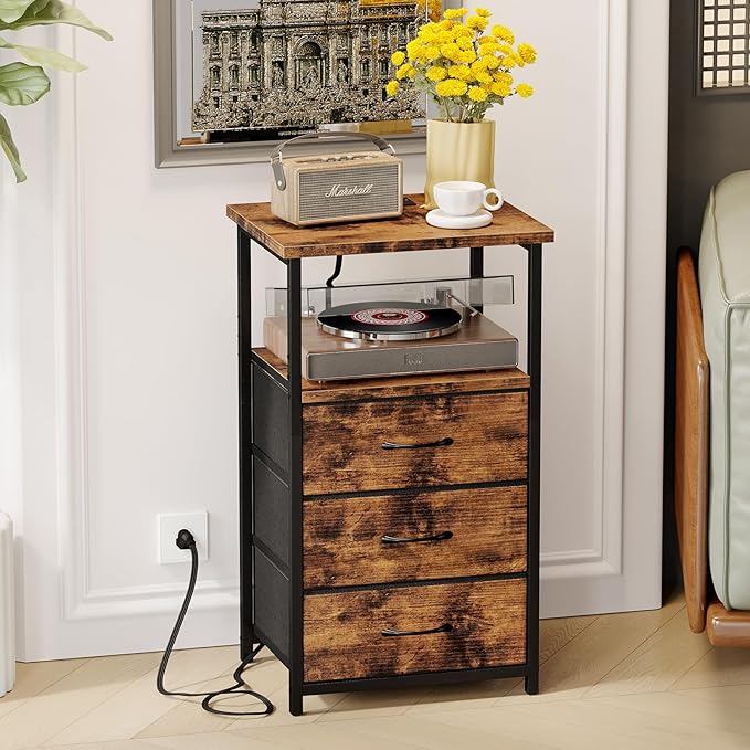 Fixwal Night Stand with 3 Fabric Drawers, Nightstand for Bedroom, Bedside Table with Charging Station End Table with Storage, Rustic Brown