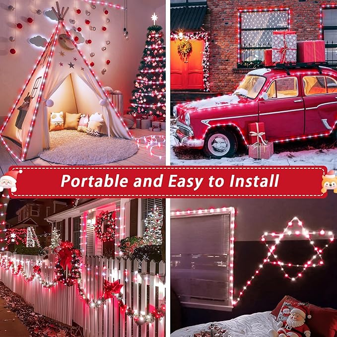 JMEXSUSS 2 Pack Rope Lights Battery Operated Christmas Lights Outdoor Waterproof, Total 200LED 66ft 8Mode Battery Powered String Lights with Remote, Red and White Rope Lights for Christmas Decor