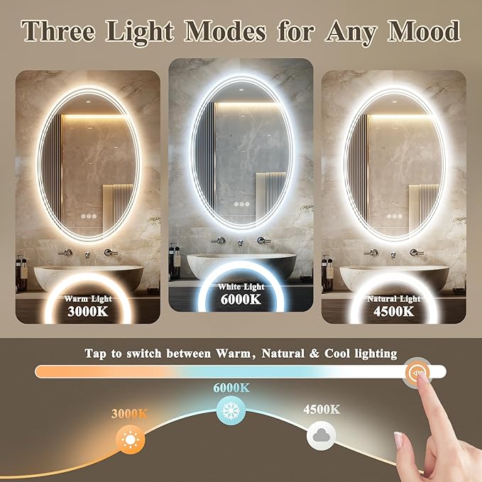 20''x28'' Oval Lighted Mirrors for Bathroom Wall Backlit + Front Lit, Oval LED Bathroom Mirror Frameless with Lights Anti Fog, Dimmable, 3 Colors,Tempered Glass, Shatter-Proof