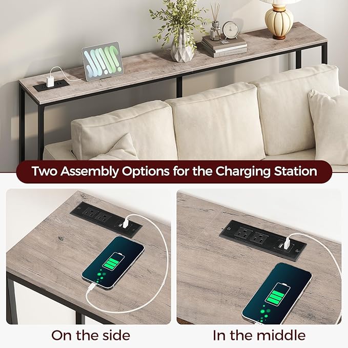 78.7" Console Table with Power Outlet, 11.8" Wide Narrow Sofa Table, Industrial Entryway Table with USB Ports, Behind Couch for Entryway, Hallway, Foyer, Living Room, Greige CTHG320E01