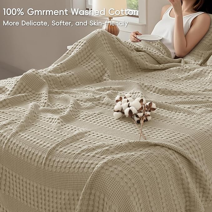 PHF 100% Cotton Waffle Blanket Oversized King 120"x120", Lightweight Breathable Extra Large 10'x10' Blankets for Bed, Giant Big Luxury Aesthetic Woven Bedding for Home Decor, Khaki
