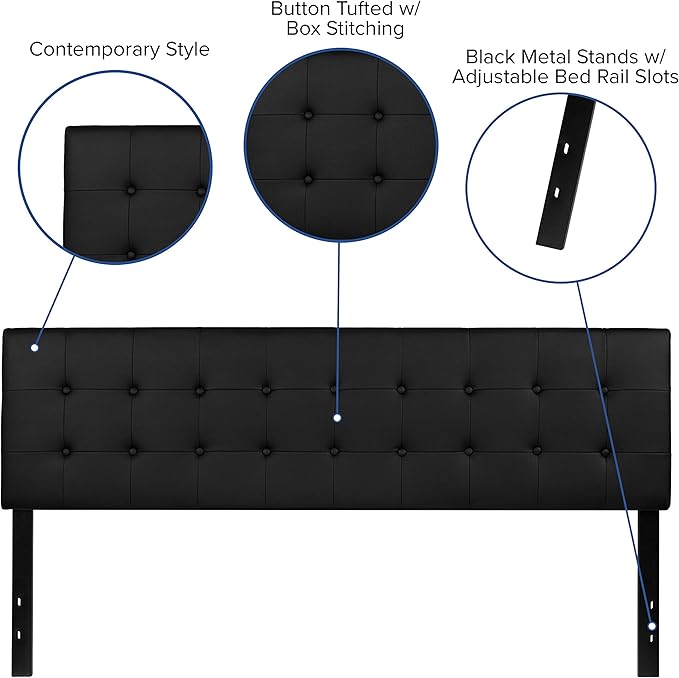 Flash Furniture Lennox Button Tufted Upholstered King Size Headboard in Black Vinyl with Adjustable Bed Rail Slots