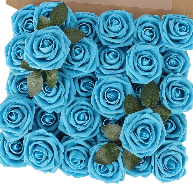 MACTING Artificial Flower Roses 30PCS Real Touch Fake Foam Roses with Stem Fake Flowers for DIY Wedding Bridal Bouquets Party Baby Shower Home Indoor Outdoor Spring Mothers Day Decor(Dark Teal Blue)