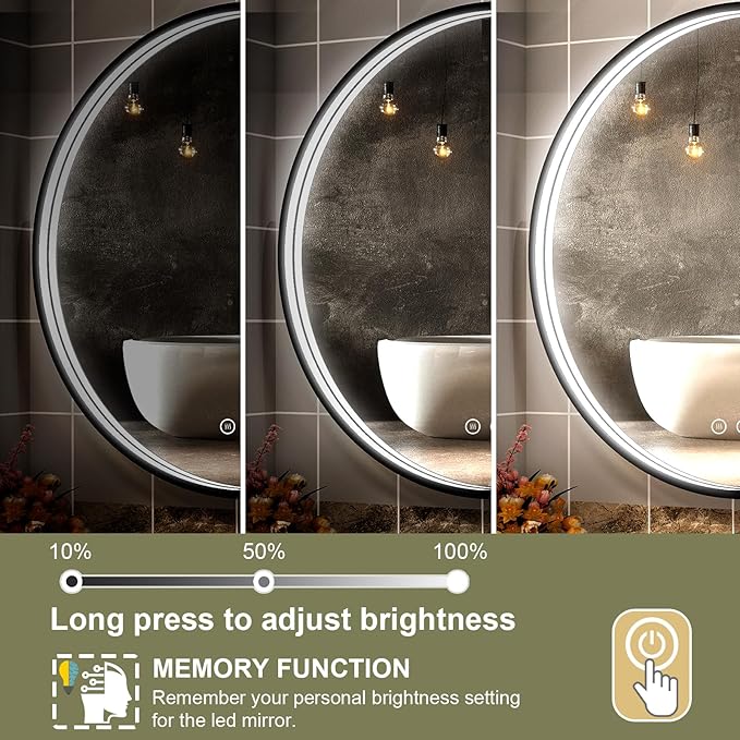 36 Inch LED Round Mirror for Bathroom, Black Metal Framed LED Bathroom Mirror with Lights, 3 Colors and Stepless Dimmable Wall Mounted Lighted Bathroom Vanity Mirror, Anti-Fog, Memory