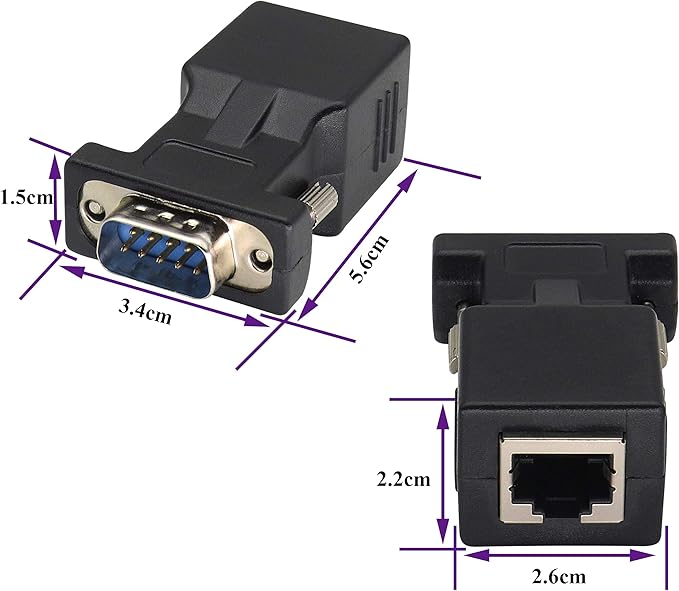 AOTOKK RJ45 to DB9 RS232 Adapter 9-Pin Serial Port RS232 Male to RJ45 Female CAT5 CAT6 Ethernet LAN Extend Converter, Network to DB9 Serial Port Coupler Extender Adapter (2 Pack-Male)