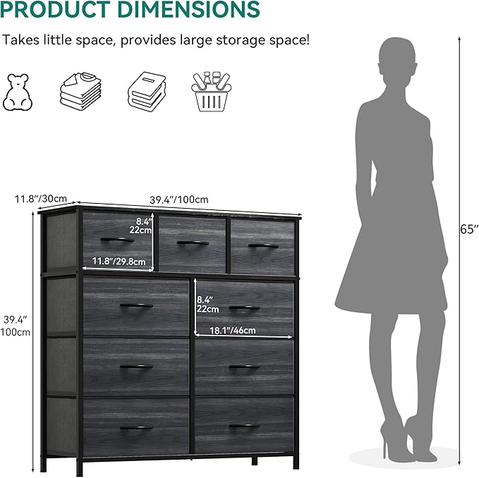 YITAHOME Dresser for Bedroom with 9 Drawers - Organizer Unit for Living Room, Hallway, Closets (Charcoal Black Wood Grain)