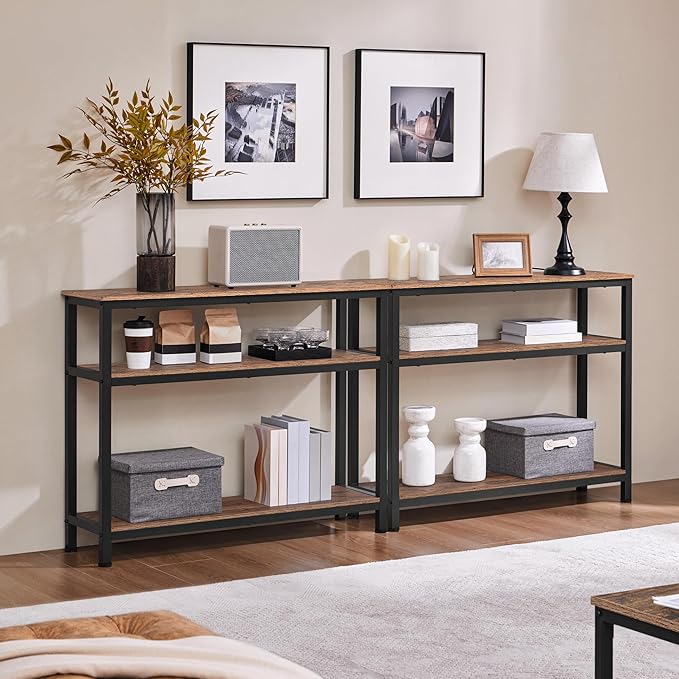 Yaheetech Industrial Console Table, 3 Tier Entryway Table with Storage Shelves, Narrow Sofa Tables for Living Room, Foyer, Hallway, Entrance, Metal Frame, Rustic Brown