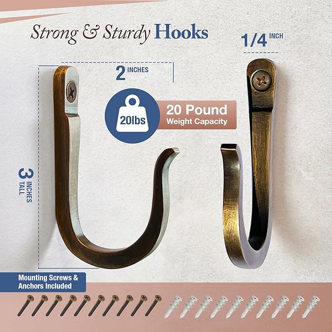 Antique Bronze Railroad Spike Cast Iron Hooks (10 Pack) Handmade Blacksmith, Wall Mounted Decorative Hooks, PowderCoated for Interior or Exterior Use, Rust Proof for Hanging Coats, Bags or Pots
