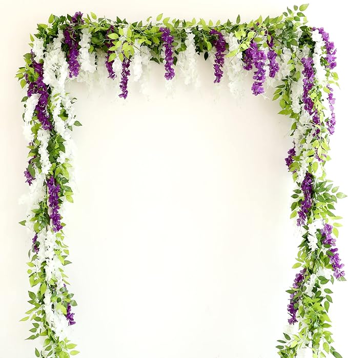 Wisteria Artificial Flowers Garland, 2Pcs Total 14.4ft Silk Faux Wisteria Vine Kit, Hanging Flower Plant for House Outdoor Garden Ceremony Outside Wedding Arch Floral Decor (2, White)