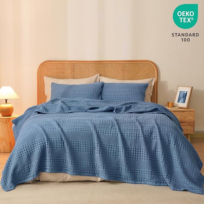 PHF 100% Cotton Waffle Weave Blanket King Size for Bed, Soft Lightweight & Breathable, All-Season Comfort, Luxury Aesthetic Woven Bedding for Home Decor, 108"x90", Denim Blue
